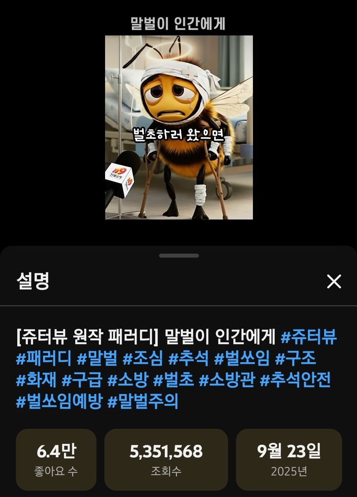 [전주=뉴시스] 성묘철 벌 쏘임 사고 예방을 위해 전북특별자치도소방본부가 인공지능(AI)을 활용해 제작한 '말벌의 꿈' 유튜브 쇼츠. 이 쇼츠는 유튜브에서만 500만회가 넘는 조회수를 기록했다. (사진=전북특별자치도소방본부 유튜브 채널 갈무리) 2025.11.07. photo@newsis.com *재판매 및 DB 금지