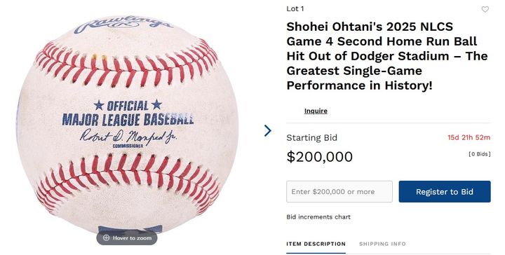 [뉴시스]경매에 부쳐진 오타니의 홈런공. (사진 = SCP AUCTIONS 캡처) *재판매 및 DB 금지