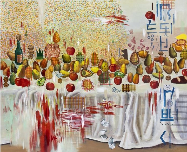 <극미와 극대 사이의 붓질이 만든 정물화> 2025, Oil on linen, 180x220cm ⓒ 정수진, 이미지 S2A 제공 *재판매 및 DB 금지