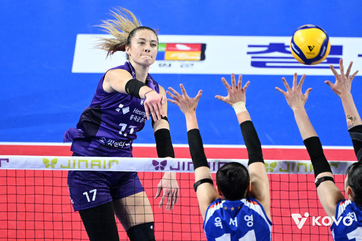 [서울=뉴시스] 여자배구 흥국생명 레베카가 7일 화성종합실내체육관에서 열린 진에어 2025~2026 V-리그 여자부 IBK기업은행과의 경기에서 공격을 시도하고 있다. (사진=KOVO 제공) 2025.11.07 *재판매 및 DB 금지
