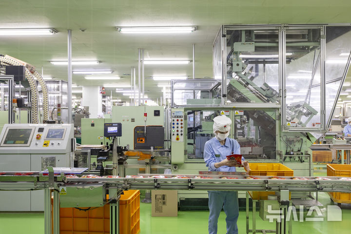 [구미=뉴시스] 지난 7일 농심 구미공장에서 근로자가 신라면 제품의 불량 여부를 육안으로 살펴보고 있는 모습. photo@newsis.com