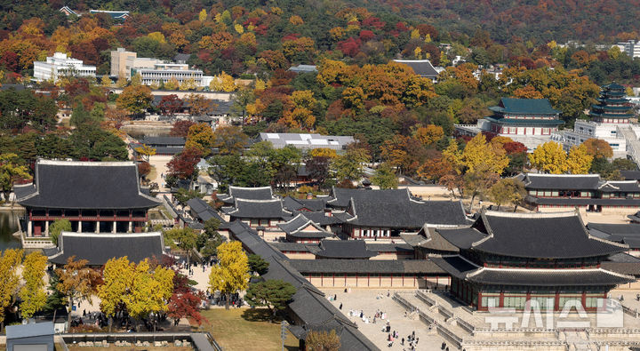 [서울=뉴시스] 추상철 기자 = 완연한 가을 날씨를 보인 9일 오후 서울 종로구 경복궁 주변이 울긋불긋한 단풍으로 물들고 있다. 2025.11.09. scchoo@newsis.com