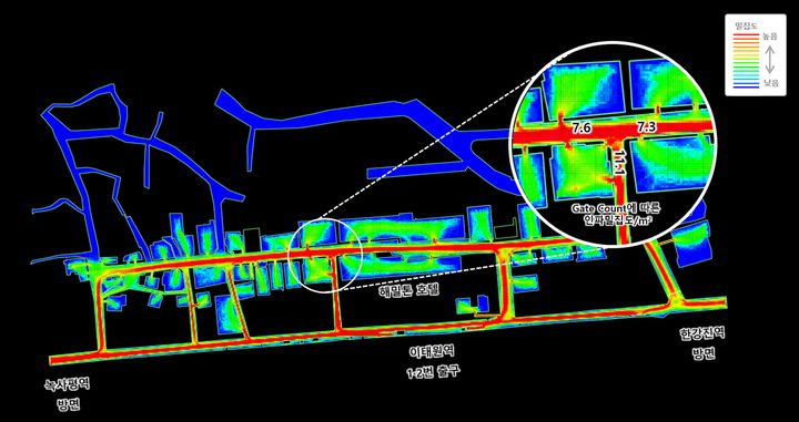 [서울=뉴시스] 이태원 클럽거리 인근 인파사고 예방을 위한 시뮬레이션 결과. 붉은색일수록 인파밀집도가 높음을 나타낸다. (사진=세종대 제공) 2025.11.10. photo@newsis.com *재판매 및 DB 금지