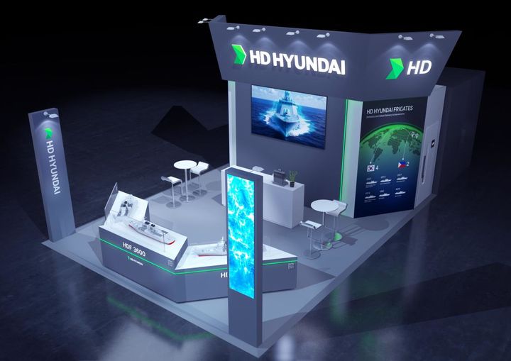 [울산=뉴시스] HD현대중공업이 태국에서 열리는 국제 방위산업 전시회에 참가해 태국 차기 호위함 수출 교두보를 마련한다. 사진은 HD현대중공업 전시 부스 조감도. (사진=HD현대중공업 제공) photo@newsis.com *재판매 및 DB 금지