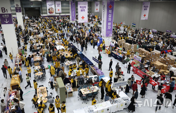[서울=뉴시스] 홍효식 기자 = 10일 서울 강남구 코엑스에서 열린 2025 적십자 바자에서 시민들이 물품을 구입하고 있다. 2025.11.10. yesphoto@newsis.com