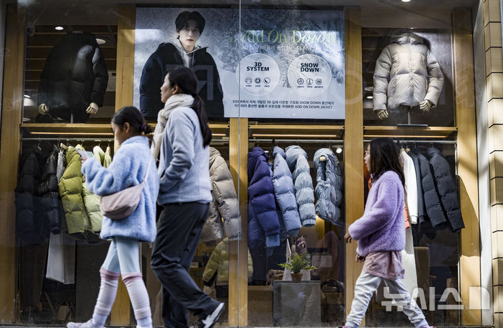[서울=뉴시스] 김근수 기자 = 초겨울 날씨가 계속되는 10일 오후 서울 명동거리의 한 옷가게 쇼윈도우에 겨울용 패딩이 판매되고 있다. 2025.11.10. ks@newsis.com