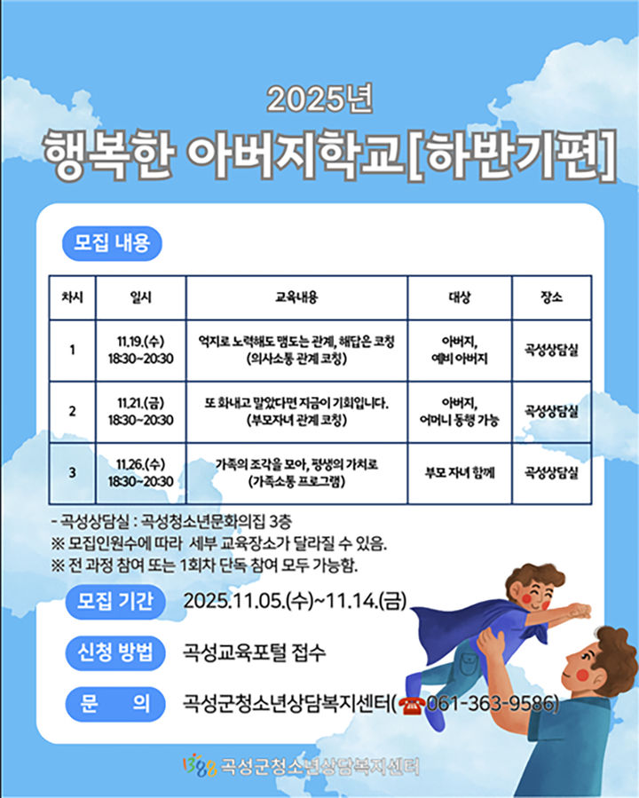 [곡성=뉴시스] 전남 곡성군청소년상담복지센터 '행복한 아버지학교 10기' 모집. (사진=곡성군청 제공). photo@newsis.com *재판매 및 DB 금지