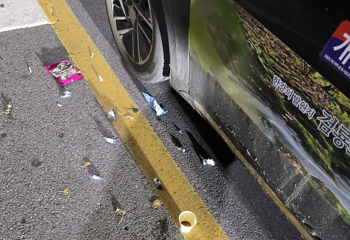 지난 10월 25일 저녁시간에 태백시 황지동 시가지에서 한 개인택시 옆으로 투기된 쓰레기 모습.(사진=독자 제공) *재판매 및 DB 금지