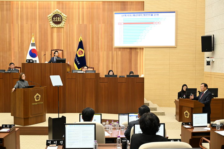 [세종=뉴시스] 11일 오전 세종시의회 본회의장에서 (왼쪽)김현미 의원과 최민호 세종시장이 설전을 벌이고 있다.(사진=세종시의회 제공). 2025.11.11. photo@newsis.com. *재판매 및 DB 금지