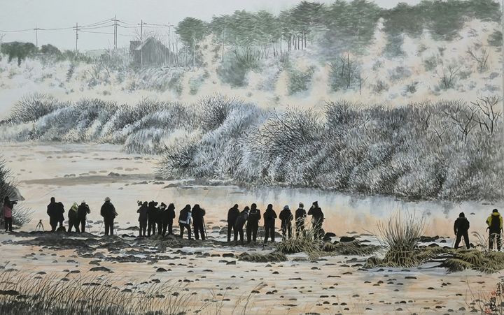 새벽을 여는 사람들,의암호 상고대,106x70cm,수묵담채,2025 *재판매 및 DB 금지