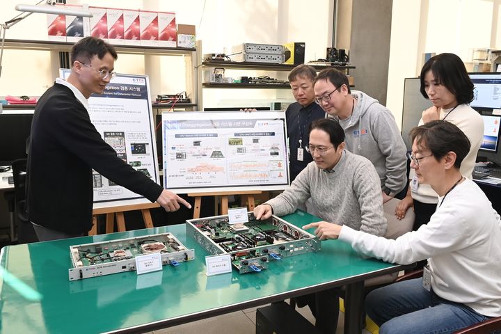 [대전=뉴시스] 한국전자통신연구원(ETRI) 연구진이 데이터센터 자원연결(OD) 기술 검증시스템에 대해 논의하고 있다. (사진=ETRI 제공) 2025.11.11. photo@newsis.com *재판매 및 DB 금지