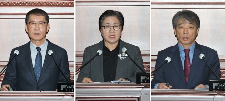 [정읍=뉴시스] 11일 열린 제308회 정읍시의회 제2차 정례회 제1차 본회의, 왼쪽부터 이복형 의원, 한선미 의원, 이도형 의원이 '5분 자유발언'을 하고 있다. *재판매 및 DB 금지
