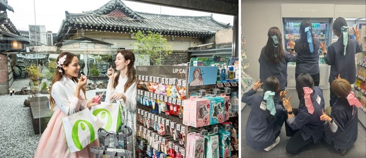 [서울=뉴시스] (왼쪽부터) 올리브영 경주황남점에 방문한 외국인 관광객이 화장품을 체험하고 있는 모습과 경주시 매장 직원이 댕기 스타일링한 모습(사진=올리브영 제공) *재판매 및 DB 금지