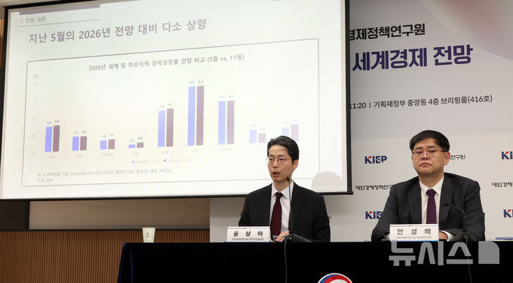 [세종=뉴시스] 강종민 기자 = 윤상하 대외경제정책연구원(KIEP) 국제거시금융실장이 11일 세종시 정부세종청사에서 2026년 세계경제 성장률은 3.0%로 전망된다고 밝히고 있다. 2025.11.11. ppkjm@newsis.com