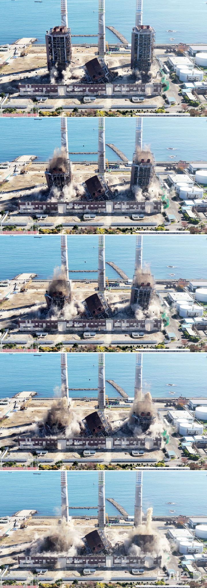 [울산=뉴시스] 김선웅 기자 = 11일 울산 남구 울산화력발전소 보일러 타워 5호기 붕괴 사고 현장에서 매몰자와 실종자 구조를 위해 4·6호기의 발파 작업이 진행되고 있다. 2025.11.11. mangusta@newsis.com