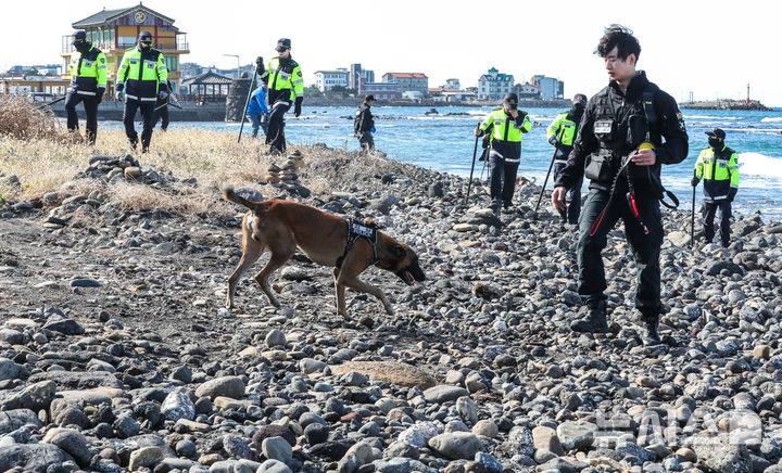 [제주=뉴시스] 우장호 기자 = 11일 오후 제주시 이호동 등 북부 지역 해안가에서 경찰과 해경, 자치경찰단, 해병대 9여단, 바다환경지킴이 등 민·관·군이 참여해 마약류 의심물체 수색활동을 벌이고 있다. 2025.11.11. woo1223@newsis.com