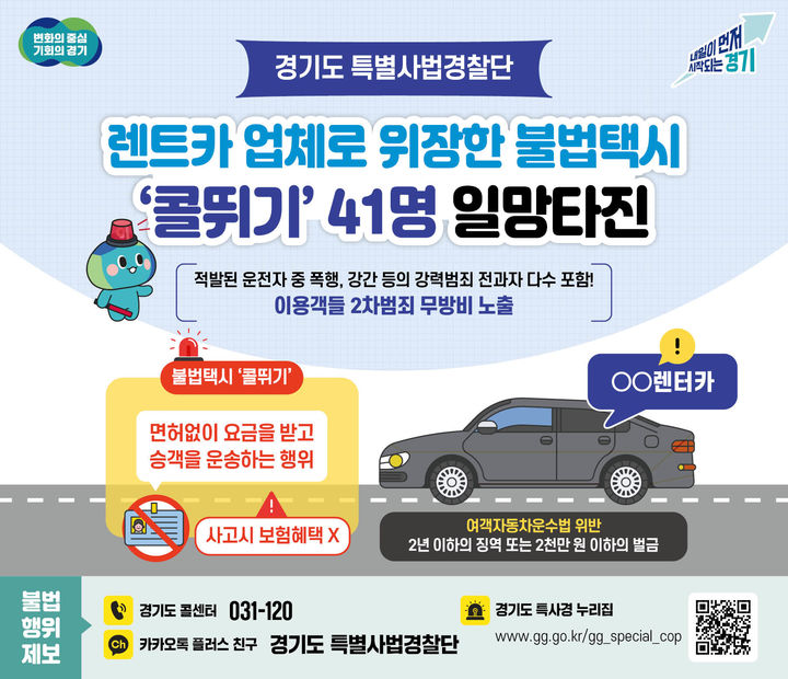 경기도, 불법 택시 영업 '콜뛰기' 41명 검찰 송치