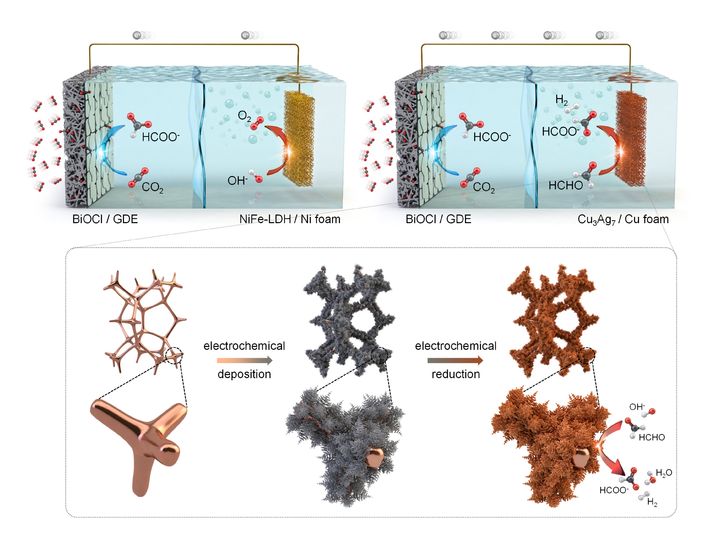 [울산=뉴시스] 구미현 기자 = 이산화탄소를 포름산으로 바꾸는 새로운 시스템(상단 우측)과 개발된 촉매의 구조(하단) (사진=UNIST 제공) photo@newsis.com *재판매 및 DB 금지