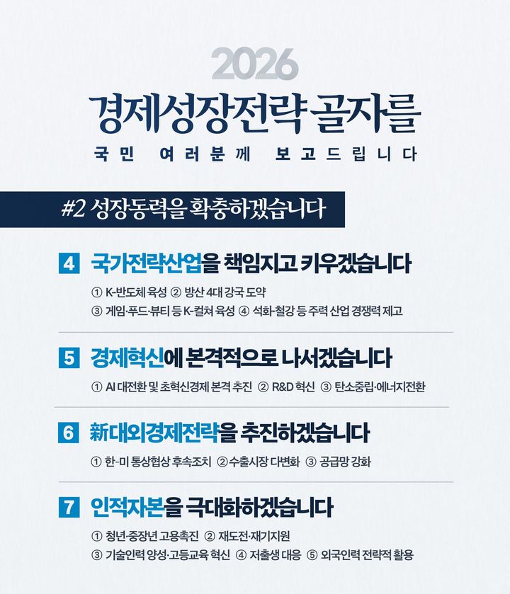 이재명 대통령이 11일 사회관계망서비스(SNS)에 공개한 2026년 경제성장전략의 주요 골자. *재판매 및 DB 금지
