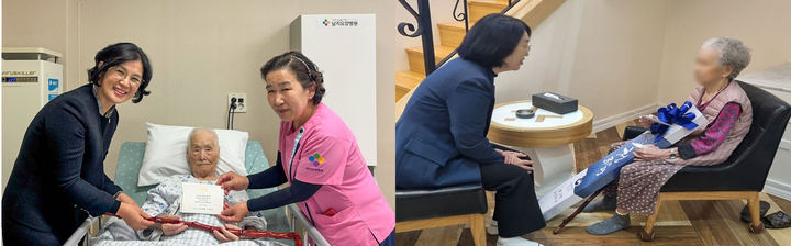 [창녕=뉴시스] 남지읍 최정순(왼쪽) 100세 어르신과 대지면 정모 100세 어르신에게 대통령 축하 서한과 장수지팡이 청려장을 전달하고 있다. (사진= 창녕군 제공) 2025.11.12. photo@newsis.com *재판매 및 DB 금지