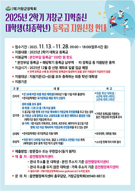 거창군, 지역 출신 대학생 '등록금' 지원…"최대 100만원"