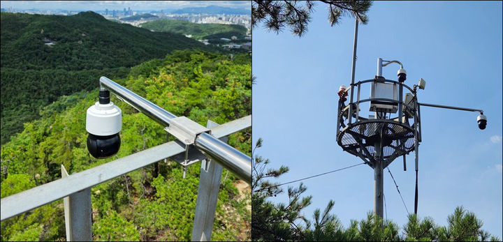 [서울=뉴시스]관악산 모자봉(왼쪽)과 장군봉에 설치된 CCTV.