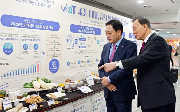 [서울=뉴시스] 한국농수산식품유통공사(aT)는 12일 공공급식통합플랫폼 'eaT'의 거래 실적 4조원 시대를 맞아 지속 가능한 급식산업 발전방안을 논의했다. 홍문표 aT 사장(오른쪽)과 김선교 국민의힘 의원(왼쪽)이 행사장을 둘러보고 있다. (사진 = aT 제공) 2025.11.12.  *재판매 및 DB 금지