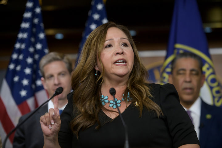 [워싱턴=AP/뉴시스]미 아리조나주 보궐선거에서 당선한 뒤 1개월 여 만인 12일(현지시각) 하원의원 취임 선서를 한 아델리타 그리할바 민주당 의원이 기자회견을 하고 있다. 그가 성범죄자 제프리 엡스타인 관련 수사 자료 공개를 요구하는 법안 표결 강행 청원에 서명하면서 하원이 내달초 표결할 예정이다. 2025.11.13. 