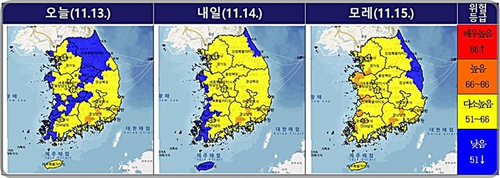 [대전=뉴시스] 단기(3일) 15시 기준 전국 산불위험예측정보.(사진=국립산림과학원 제공) *재판매 및 DB 금지
