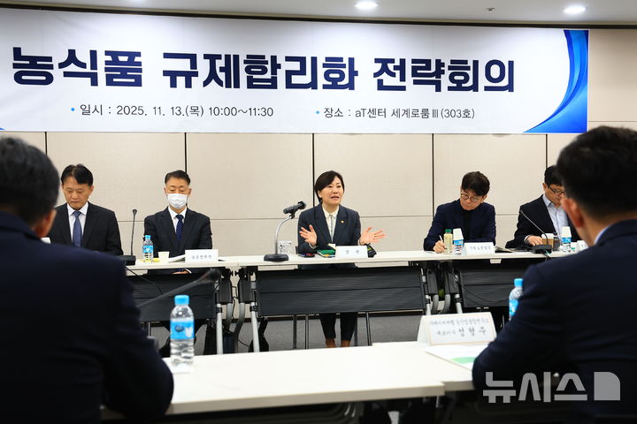 [세종=뉴시스]송미령 농림축산식품부 장관이 13일 한국농수산식품유통공사(aT) 센터에서 '제2차 농식품규제 합리화 전략회의'를 주재하고 있다. (사진=농식품부 제공)