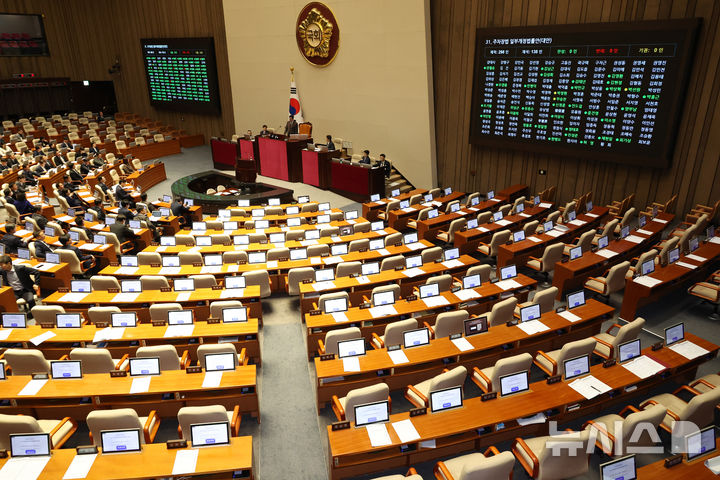 [서울=뉴시스] 김금보 기자 = 13일 오후 제429회 국회(정기회) 제12차 본회의에서 국민의힘 의원석이 비어있다. 국민의힘 의원들은 국토교통위원회 소관 법률안 처리 순서에 김윤덕 국토교통부 장관이 불출석하자 우원식 국회의장에게 항의하며 회의장을 떠났다. 2025.11.13. kgb@newsis.com