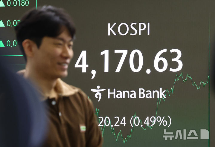 [서울=뉴시스] 황준선 기자 = 코스피가 전 거래일(4150.39)보다 20.24포인트(0.49%) 상승한 4170.63에 장을 마친 13일 오후 서울 중구 하나은행 본점 딜링룸 전광판에 지수가 보이고 있다. 2025.11.13. hwang@newsis.com