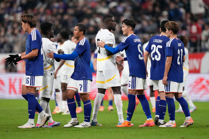 [도요타=AP/뉴시스] 일본 남자 축구 대표팀. 2025.11.14.