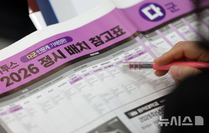 [서울=뉴시스] 홍효식 기자 = 15일 오후 서울 강남구 강남하이퍼학원 본원에서 열린 2026 수능 가채점 설명회를 찾은 학부모들이 정시 배치 참고표를 살펴보고 있다. 2025.11.15. yesphoto@newsis.com