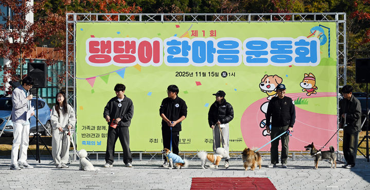 [밀양=뉴시스] 댕댕이 한마음 운동회에서 반려견 개인기 대회가 열리고 있다. (사진=밀양시 제공) 2025.11.16. photo@newsis.com *재판매 및 DB 금지