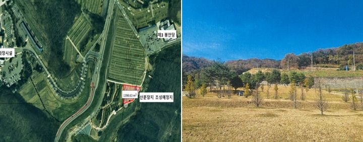 [청주=뉴시스] 충북 청주 목련공원 내 산분장지 위치도(왼쪽)와 사업 부지. (사진=청주시 제공) 2026.03.05. photo@newsis.com&nbsp; *재판매 및 DB 금지