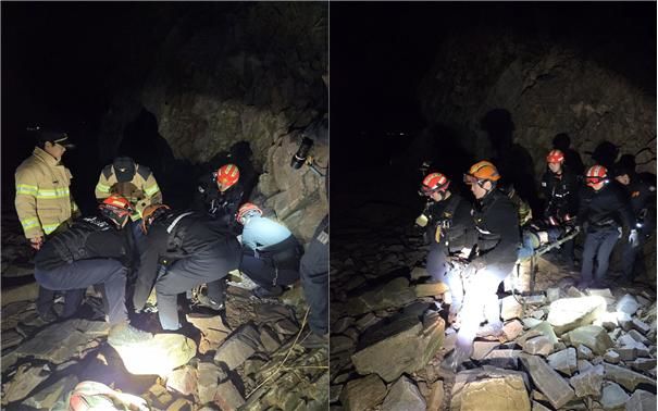 [서산=뉴시스] 충남 서산시 대산읍 황금산에서 지난 16일 실종된 등산객이 5시간여만에 구조당국에 의해 몽돌해변에서 심정지 상태로 발견돼 병원으로 옮겨지고 있다. (사진=서산소방서 제공) 2025.11.17. photo@newsis.com *재판매 및 DB 금지