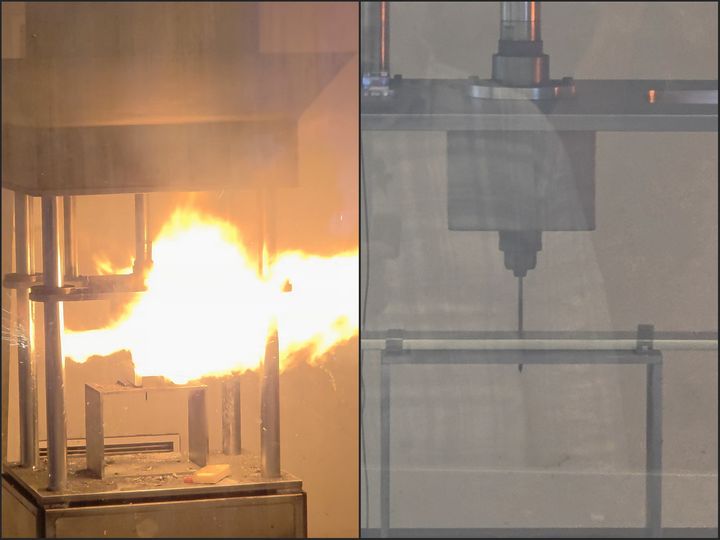 [선전=뉴시스] 박현준 기자 = 지난 11일 중국 선전 BYD 글로벌 본사 홍보관에서 진행된 못 관통 실험. 왼쪽의 NCM(니켈·코발트·알루미늄) 배터리는 못이 닿자마자 폭발하는 반면 LFP(리튬인산철) 기반의 블레이드 배터리는 안정성을 유지하고 있다. 2025.11.18 parkhj@newsis.com *재판매 및 DB 금지