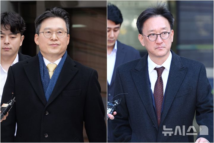 [서울=뉴시스] 황준선 기자 = 채상병 순직 사건 수사를 방해한 혐의를 받는 김선규(왼쪽), 송창진 전 고위공직자범죄수사처 부장검사가 17일 서울 서초구 서울중앙지방법원에서 열린 구속 전 피의자 심문(영장실질심사)을 마친 뒤 법정을 나서고 있다. 2025.11.17. hwang@newsis.com