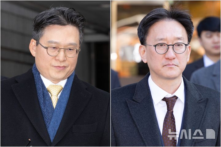 [서울=뉴시스] 황준선 기자 = 채상병 순직 사건 수사를 방해한 혐의를 받는 김선규(왼쪽), 송창진 전 고위공직자범죄수사처 부장검사가 17일 서울 서초구 서울중앙지방법원에서 열린 구속 전 피의자 심문(영장실질심사)을 마친 뒤 법정을 나서고 있다. 2025.11.17. hwang@newsis.com
