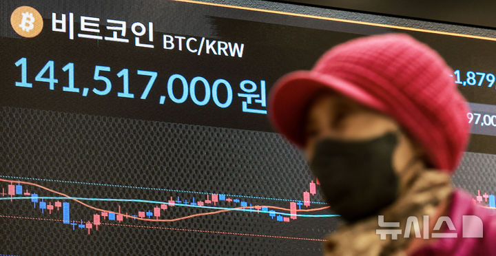 [서울=뉴시스] 정병혁 기자 = 지난 17일 서울 강남구 빗썸라운지에 설치된 전광판에 비트코인 시세가 나오고있다. 2025.11.17. jhope@newsis.com