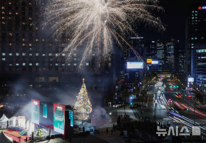 [서울=뉴시스] 김진아 기자 = 17일 서울 중구 서울광장에서 열린 성탄트리 점등식에서 트리에 불이 켜지고 있다. 2025.11.17. bluesoda@newsis.com