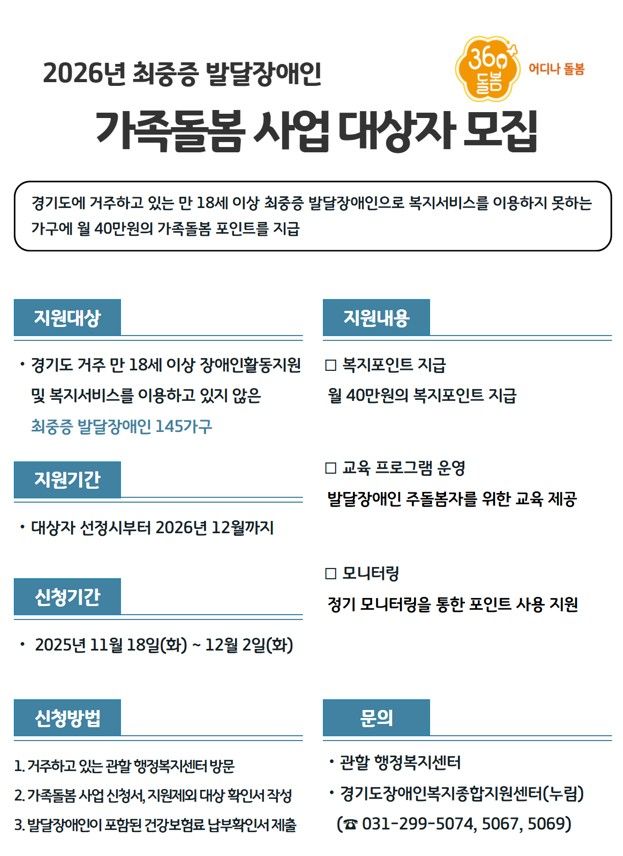 경기도, 내년 최중증 발달장애인 가족돌봄 신규 대상자 모집