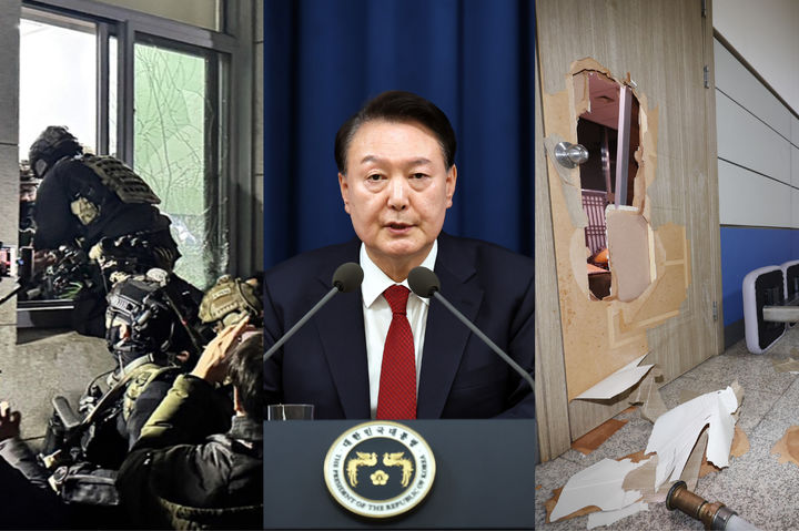 [서울=뉴시스] 국회가 '12·3 내란' 발생 1년을 맞아 다양한 형태의 기억 사업을 추진하는 가운데 기획을 맡은 탁현민 목포대 특임교수가 다크투어 등을 준비하고 있다고 밝혔다. 사진은 비상계엄을 선포하는 윤석열 전 대통령의 모습과 당시 계엄군이 들이닥친 국회의 모습. (사진 = 뉴시스DB) 2025.11.18. *재판매 및 DB 금지