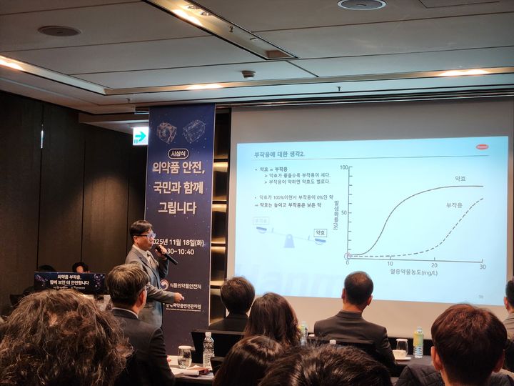 [서울=뉴시스] 이승주 기자 = 식품의약품안전처와 한국의약품안전관리원은 18일 의약품 부작용 피해구제 전문가 세미나를 개최했다. 세미나에서 김재우 한미약품 상무가 발표를 하고 있다. 2025.11.18. photo@newsis.com *재판매 및 DB 금지