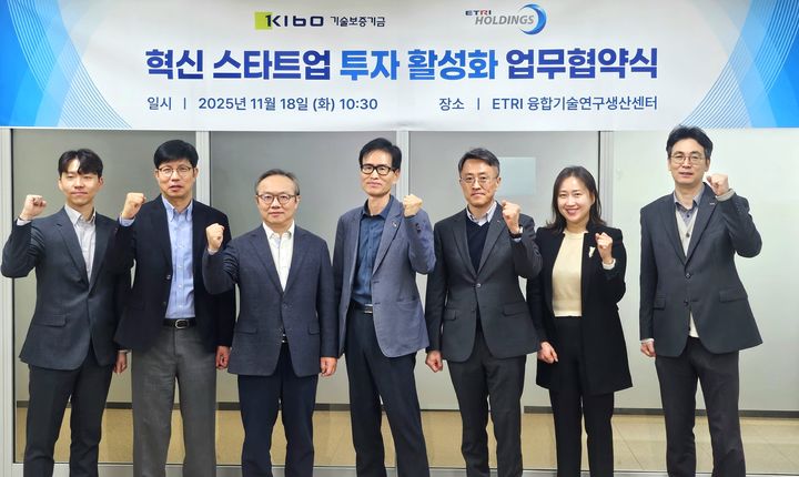 [서울=뉴시스] 기술보증기금이 에트리홀딩스와 체결한 '혁신스타트업 초기투자 확대 및 스케일업 지원을 위한 업무 협약'. (사진=기술보증기금 제공) 2025.11.18. photo@newsis.com *재판매 및 DB 금지