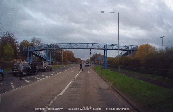 [뉴시스]극단선택을 시도하려는 한 남성이 육교에 매달려 있는 모습. (사진출처: 인스타그램) 2025.11.18. *재판매 및 DB 금지