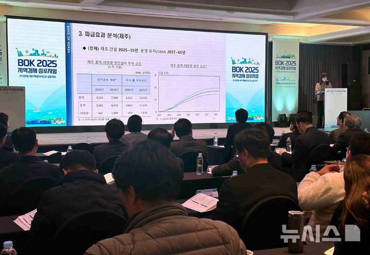 [제주=뉴시스] 김수환 기자 = 18일 오후 제주시 연동 메종글래드 제주에서 열린 'BOK 2025 지역경제 심포지엄'에서 이수지 한국은행 과장이 '제주 에너지 전환의 경제적 파급효과 분석' 주제발표를 진행하고 있다. 2025.11.18. notedsh@newsis.com
