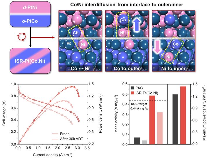 [서울=뉴시스] 본 연구에서 개발한 Co/Ni가 무작위로 섞인 Pt-Co-Ni 삼성분계 인터메탈릭 나노촉매(inter-sublattice random alloy, ISR)의 합성 과정을 나타낸 그림. (사진=고려대 제공) 2025.11.18. photo@newsis.com *재판매 및 DB 금지