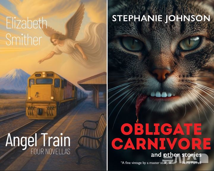 [뉴시스] 엘리자베스 스미더의 '엔젤 트레인'(왼쪽)과 스테파니 존슨의 '오블리게이트 카니보어'(오른쪽)는 표지 디자인에 AI가 사용해 2026년 오컴크햄 후보에서 제외됐다. (사진=가디언) 